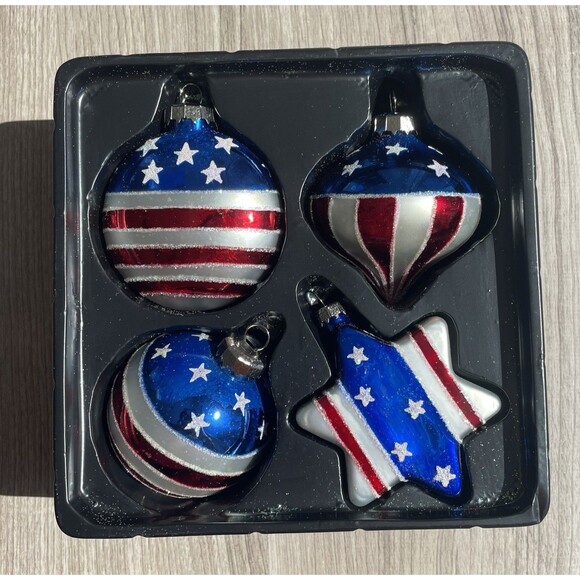 Vintage Lubeck Blown Glass Ornaments Patriotic Red White Blue Stars - Picture 1 of 7